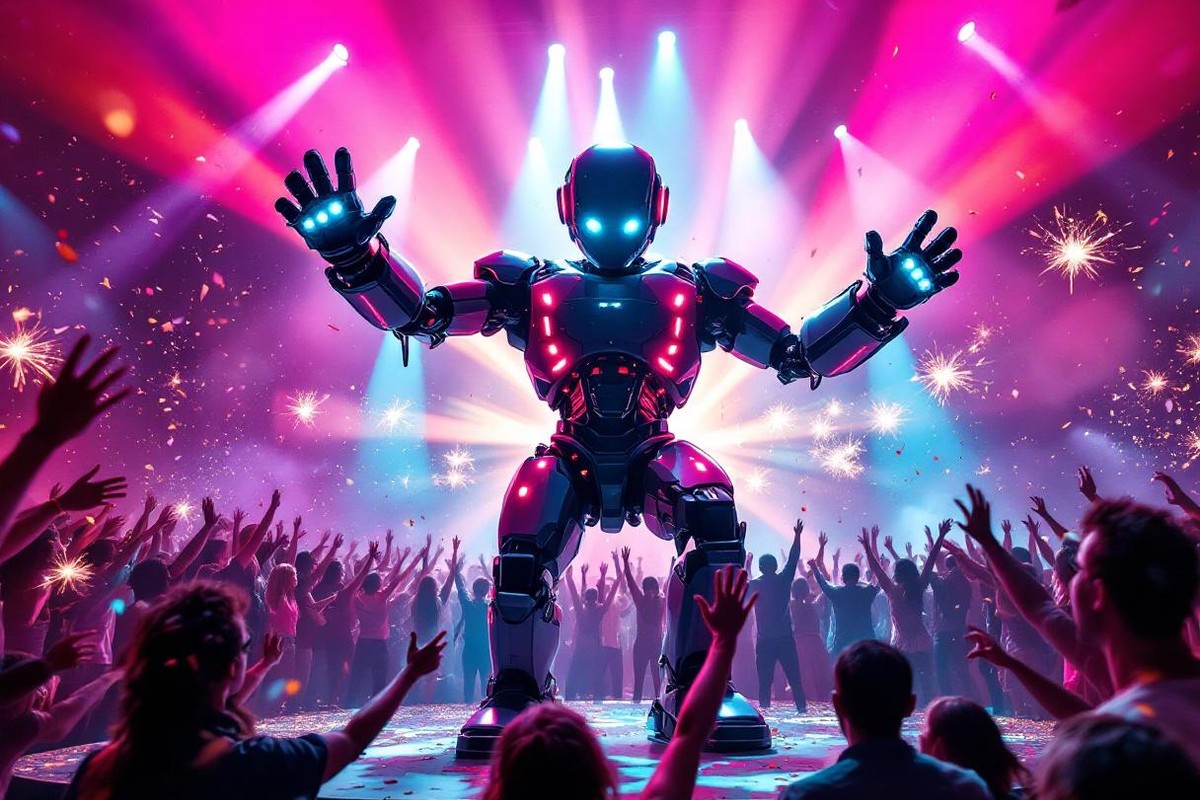 Robot LED bailando en escenario con humo y láser en fiesta