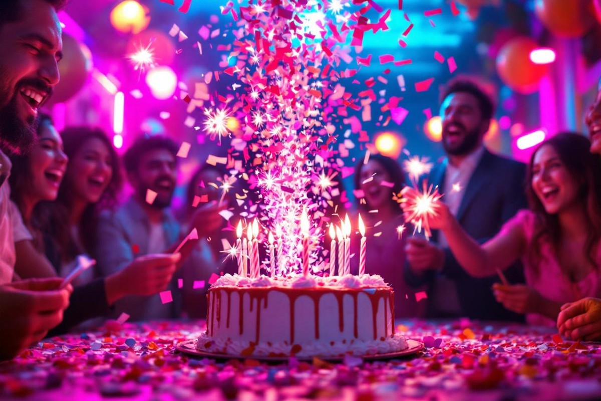 Explosión de confeti sobre torta de cumpleaños