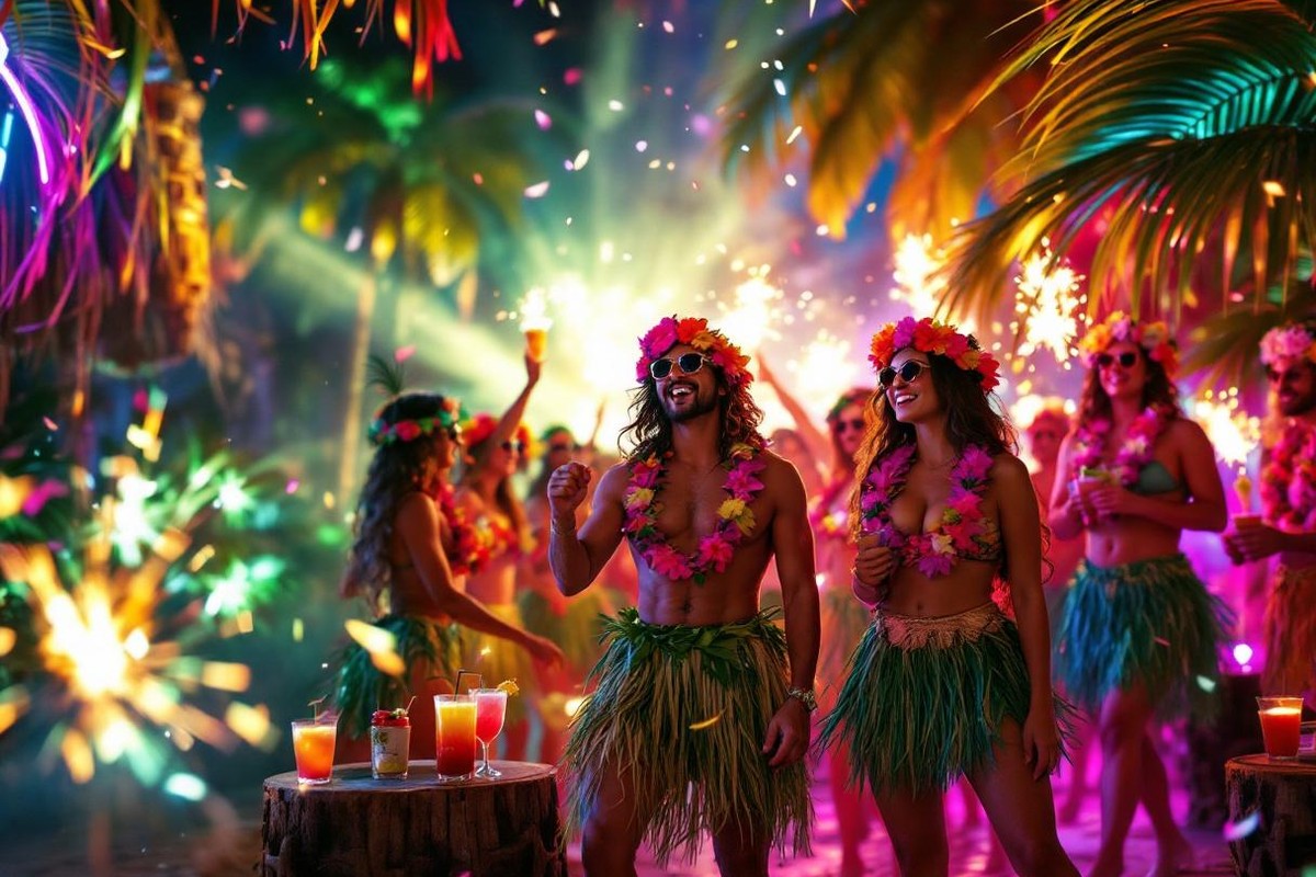 Temática hawaiana tropical con hula y palmeras